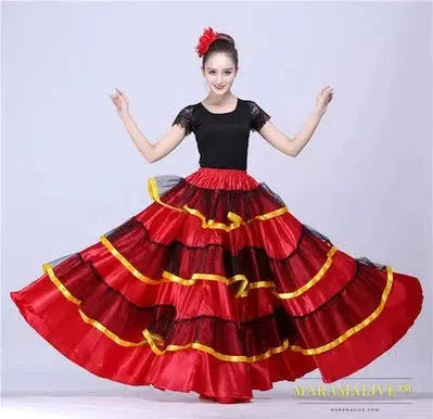 Gypsy Woman Spanish Flamenco Skirt Polyester Satin Smooth Big Swing Carnival Party Ballroom Belly Dance Costumes Dress