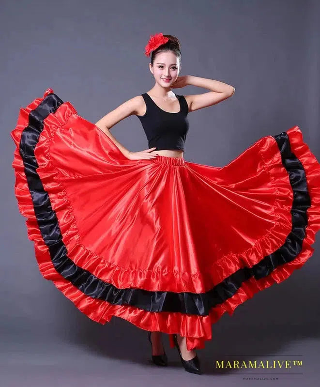 Gypsy Woman Spanish Flamenco Skirt Polyester Satin Smooth Big Swing Carnival Party Ballroom Belly Dance Costumes Dress