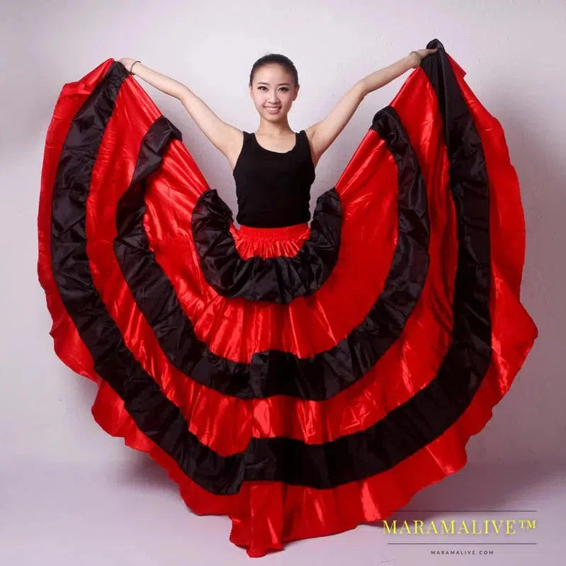 Gypsy Woman Spanish Flamenco Skirt Polyester Satin Smooth Big Swing Carnival Party Ballroom Belly Dance Costumes Dress