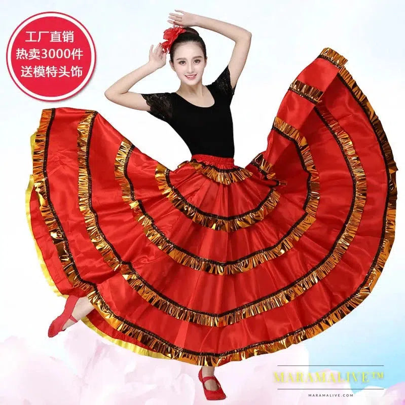 Gypsy Woman Spanish Flamenco Skirt Polyester Satin Smooth Big Swing Carnival Party Ballroom Belly Dance Costumes Dress