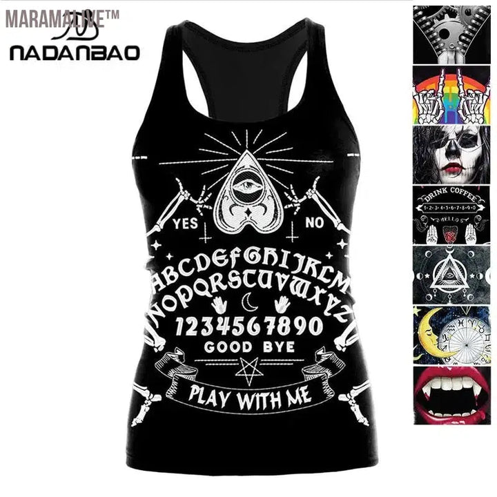 HOT Ouija Black Tank Tops Gothic Skeleton Printed Vest Fashion Shirt Summer Sexy Slim Vest Sleeveless Streetwear