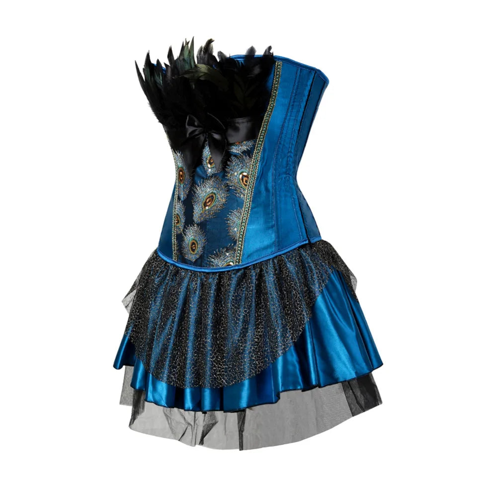 Embroidery Peacock Princess Corset Showgirl Dance Tutu Skirt Cosplay Feathers Bustier Bodyshaper Suit Plus Size S-6XL