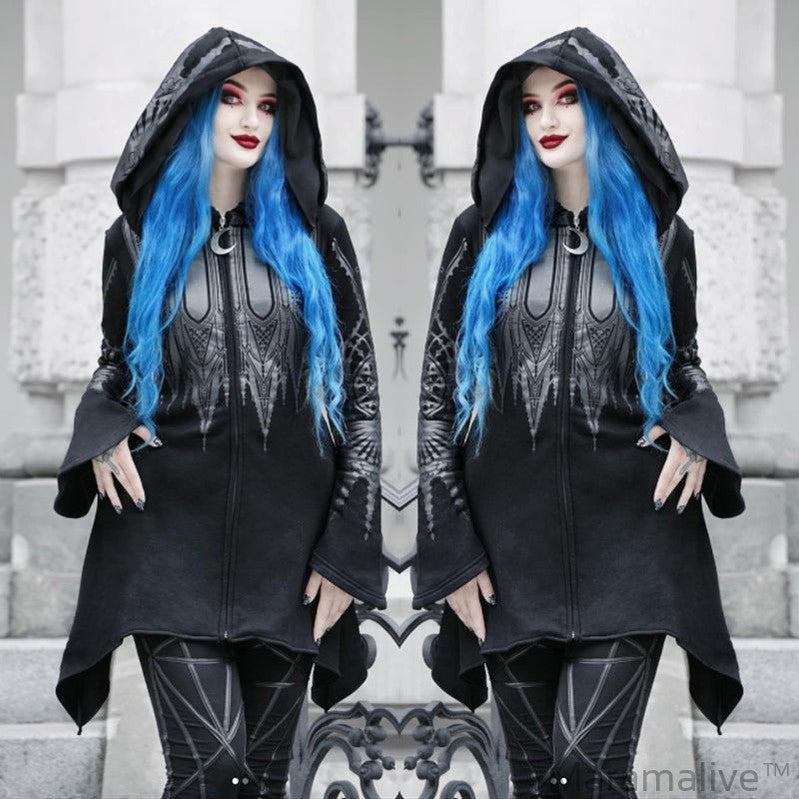 Halloween Cosplay Hoodie Women's Punk Black Long Hooded Printed Sweater