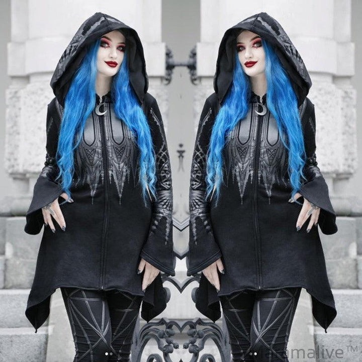 Halloween Cosplay Hoodie Women's Punk Black Long Hooded Printed Sweater