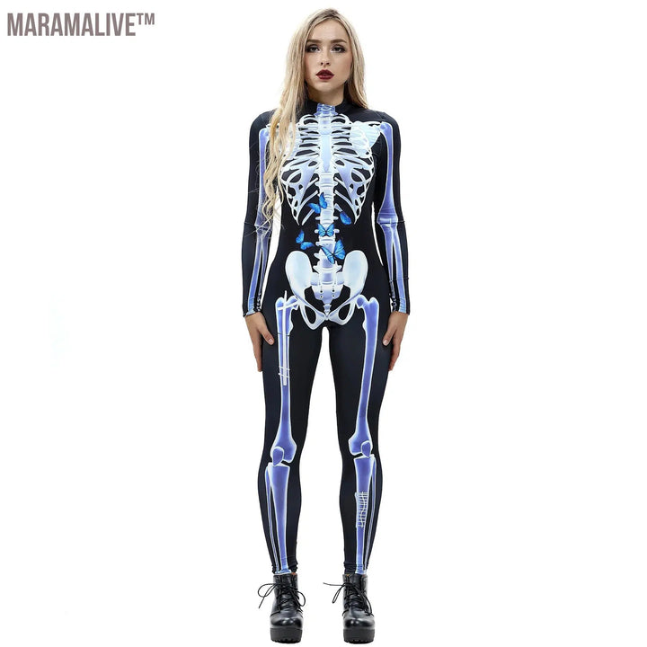 Halloween Costume For Women Bodysuits Rose Skull Skeleton Printing Jumpsuit Party Scary Catsuits