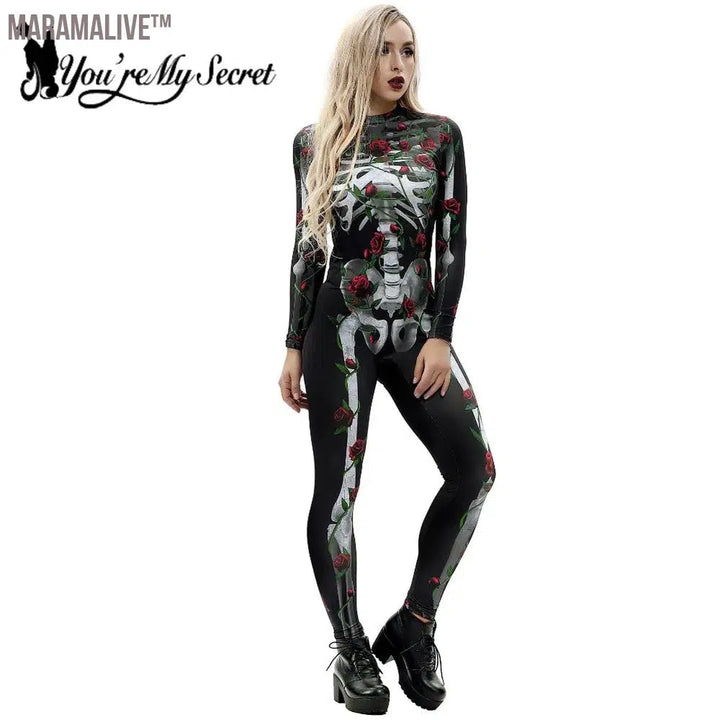 Halloween Costume For Women Bodysuits Rose Skull Skeleton Printing Jumpsuit Party Scary Catsuits