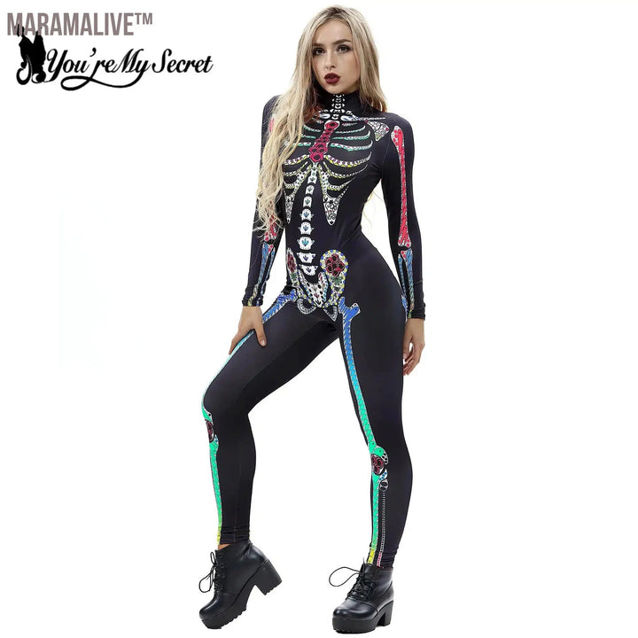 Halloween Costume For Women Bodysuits Rose Skull Skeleton Printing Jumpsuit Party Scary Catsuits