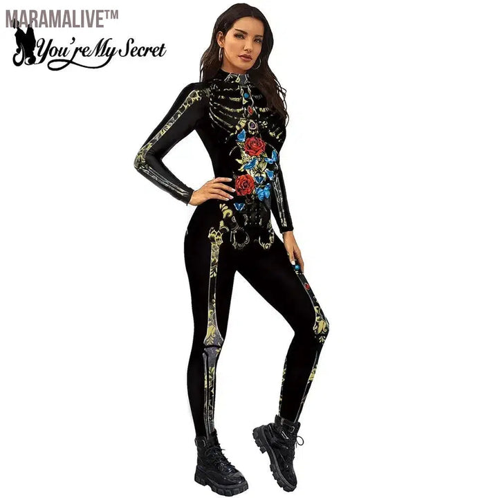 Halloween Goth Skeleton Printed Bodysuit Death Rose Butterfly Tights Black Jumpwear Long Sleeves Catsuit