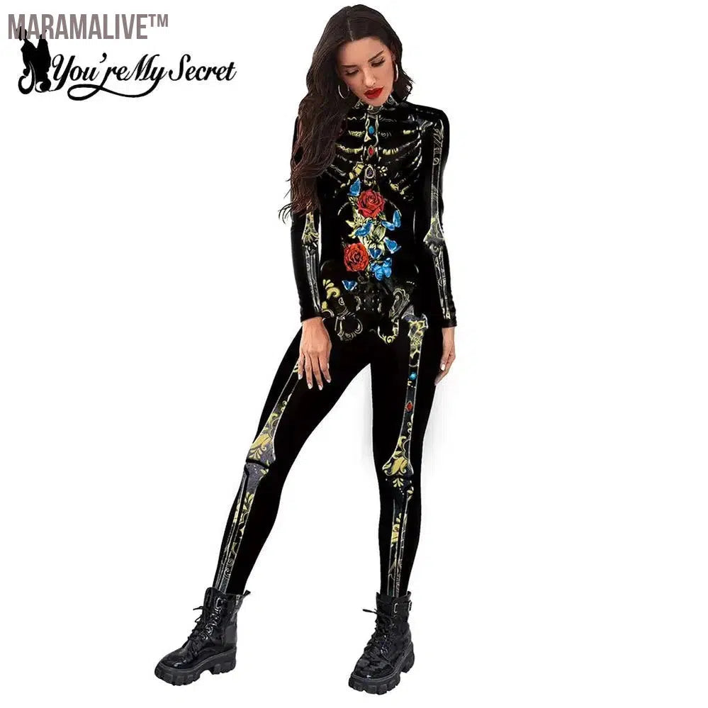 Halloween Goth Skeleton Printed Bodysuit Death Rose Butterfly Tights Black Jumpwear Long Sleeves Catsuit