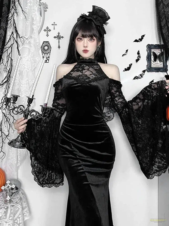 Halloween Long-sleeved Witch Dress for Women 2024 Fashion Elegant Evening Party Dresses Sexy Slim Fit Lace Splicing