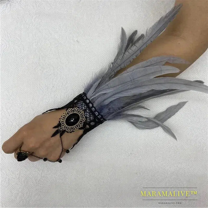 Halloween One Feather Lace Glove Fingerless Goth Steampunk Vintage e