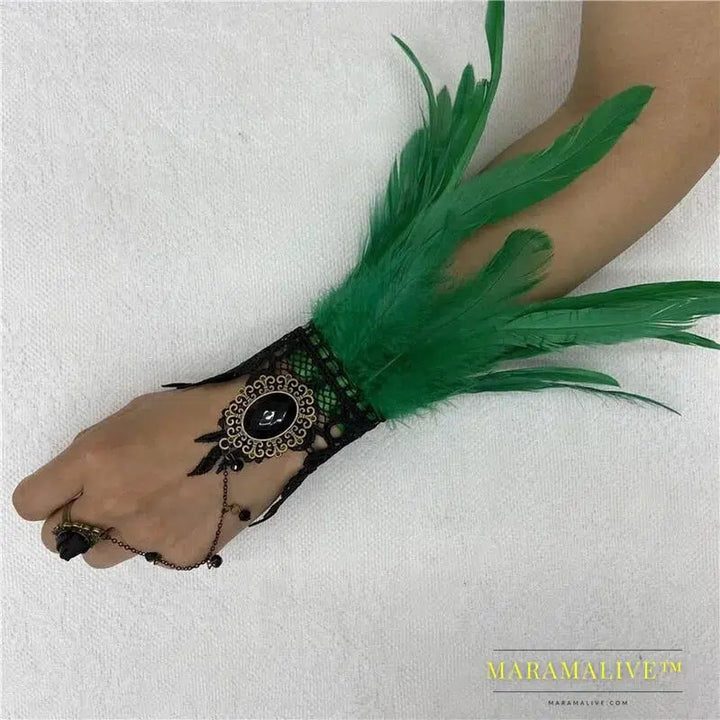 Halloween One Feather Lace Glove Fingerless Goth Steampunk Vintage e