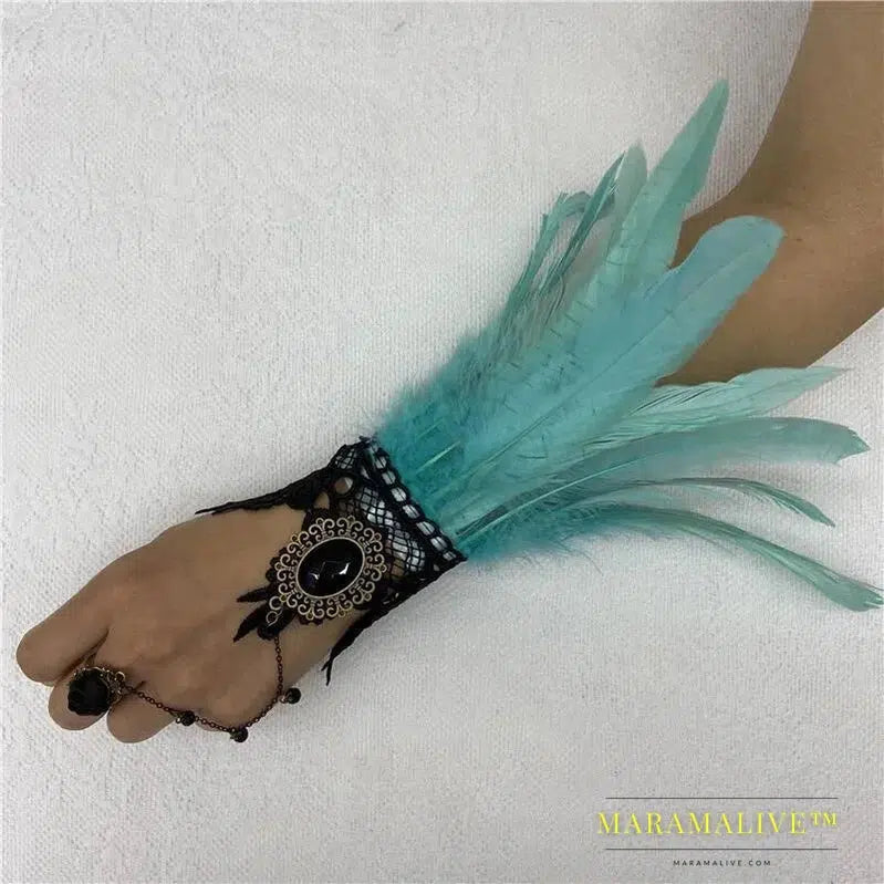 Halloween One Feather Lace Glove Fingerless Goth Steampunk Vintage e