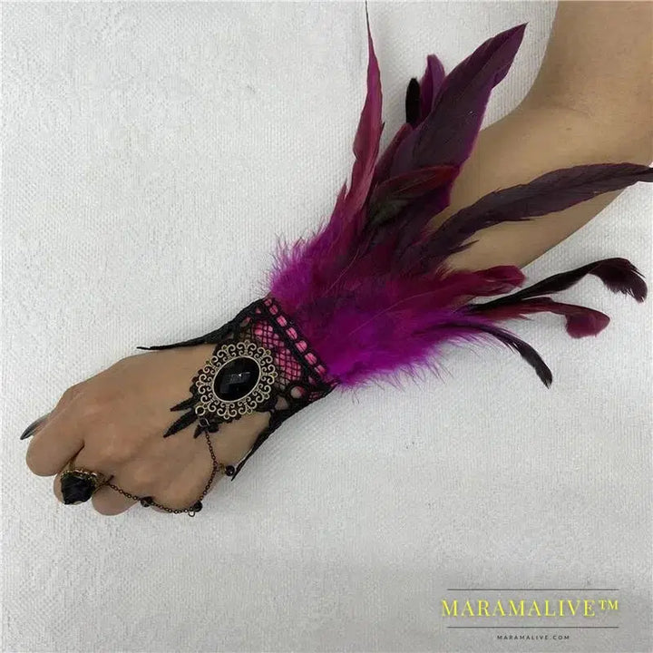 Halloween One Feather Lace Glove Fingerless Goth Steampunk Vintage e