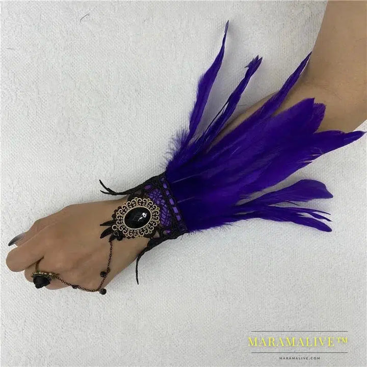 Halloween One Feather Lace Glove Fingerless Goth Steampunk Vintage e