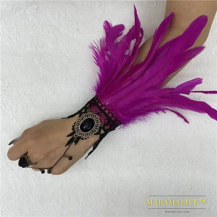 Halloween One Feather Lace Glove Fingerless Goth Steampunk Vintage e