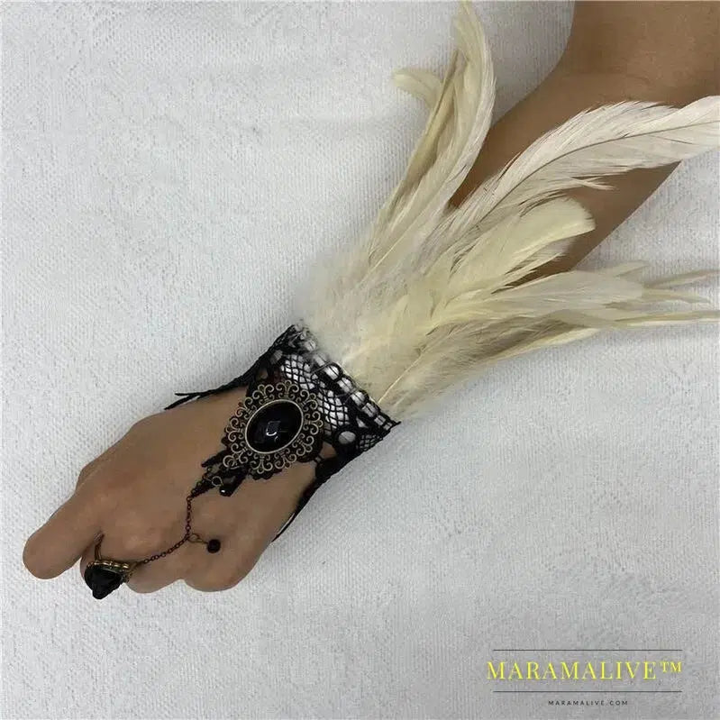 Halloween One Feather Lace Glove Fingerless Goth Steampunk Vintage e