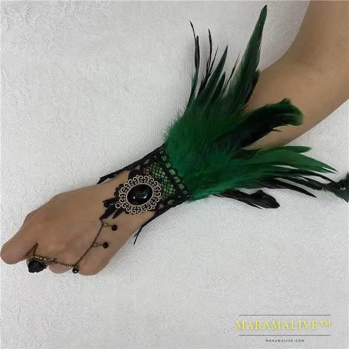 Halloween One Feather Lace Glove Fingerless Goth Steampunk Vintage e