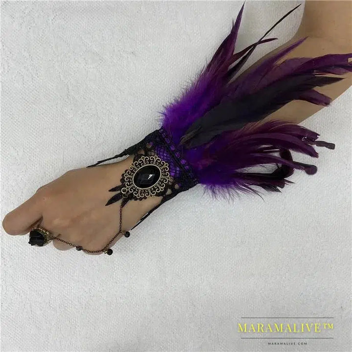 Halloween One Feather Lace Glove Fingerless Goth Steampunk Vintage e