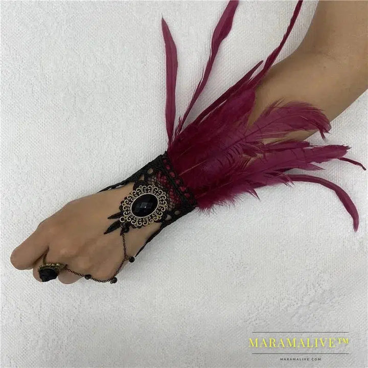 Halloween One Feather Lace Glove Fingerless Goth Steampunk Vintage e