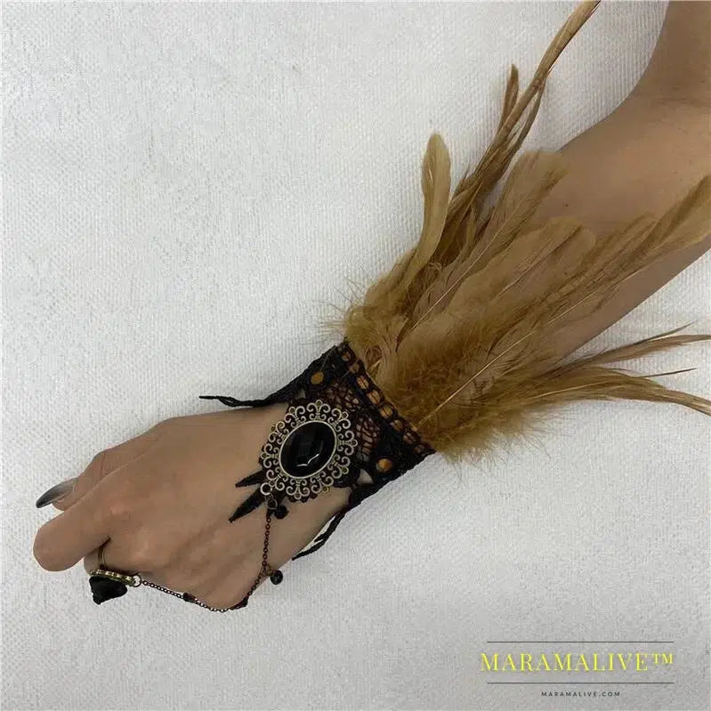 Halloween One Feather Lace Glove Fingerless Goth Steampunk Vintage e