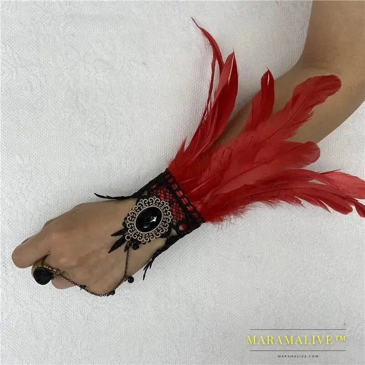 Halloween One Feather Lace Glove Fingerless Goth Steampunk Vintage e