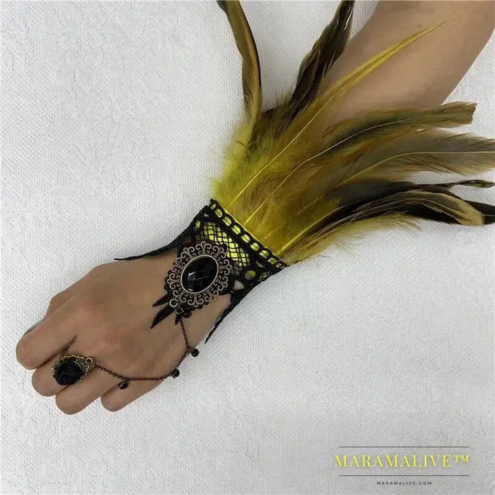 Halloween One Feather Lace Glove Fingerless Goth Steampunk Vintage e