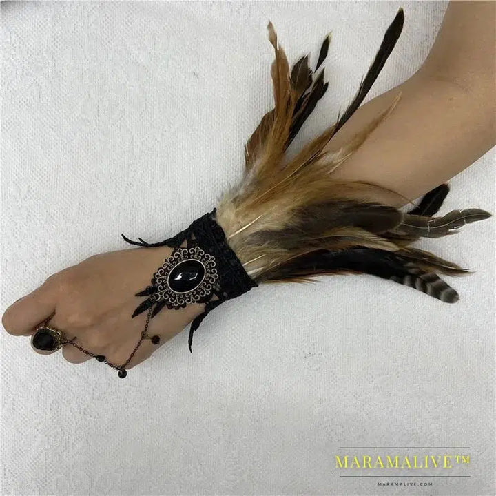 Halloween One Feather Lace Glove Fingerless Goth Steampunk Vintage e