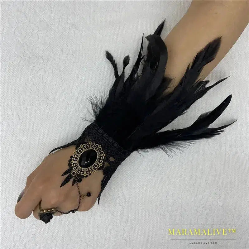 Halloween One Feather Lace Glove Fingerless Goth Steampunk Vintage e