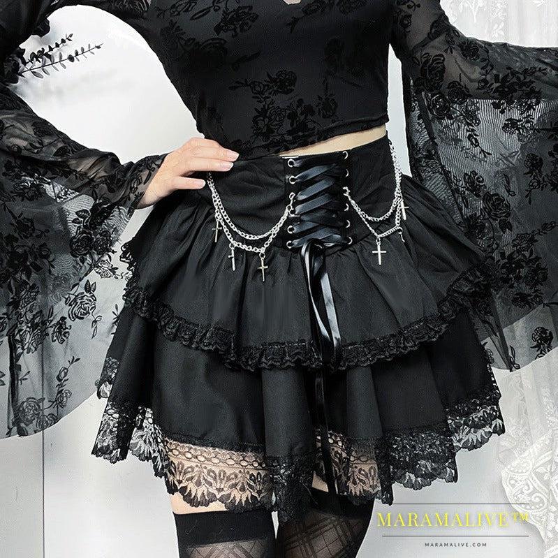 Halloween Party Style Slim Chain Cross Double Layer Gothic Skirt Women