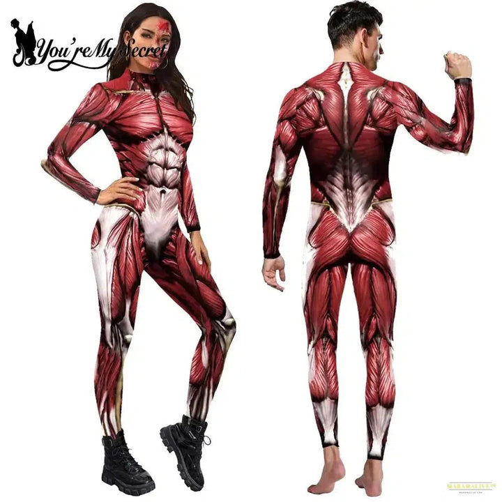 Halloween Scary Cosplay Women Men 3D Muscle Printed Jumpsuit Party Carnival Scary Costume Funny Slim Bodysuit