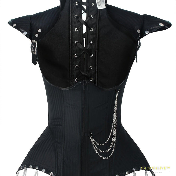 Halloween Studded Decor Metal Chain Corset, Steampunk Gothic Buckle Detail Lace Up Cap Sleeve Waist Sculpting Bustier, Women's Clothing