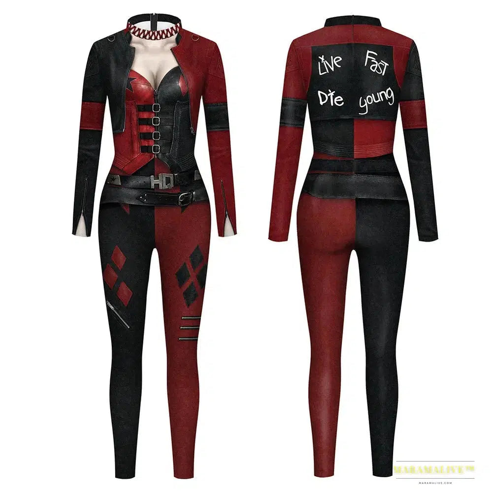 Halloween The Clown Princess Catsuit Harleen Quinzel Squad Cosplay Jumpsuit: A Gothic Vintage Statement Piece