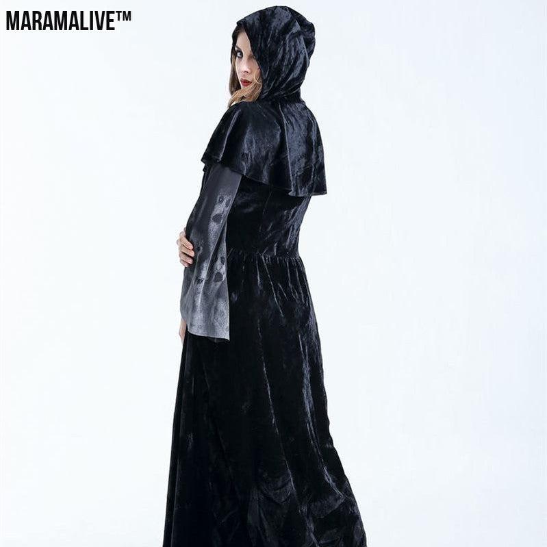 Halloween Women Medieval Gothic Witch Maleficent Horror Scary Cosplay Costume Carnival Party Ghost Long Black Hooded Dress