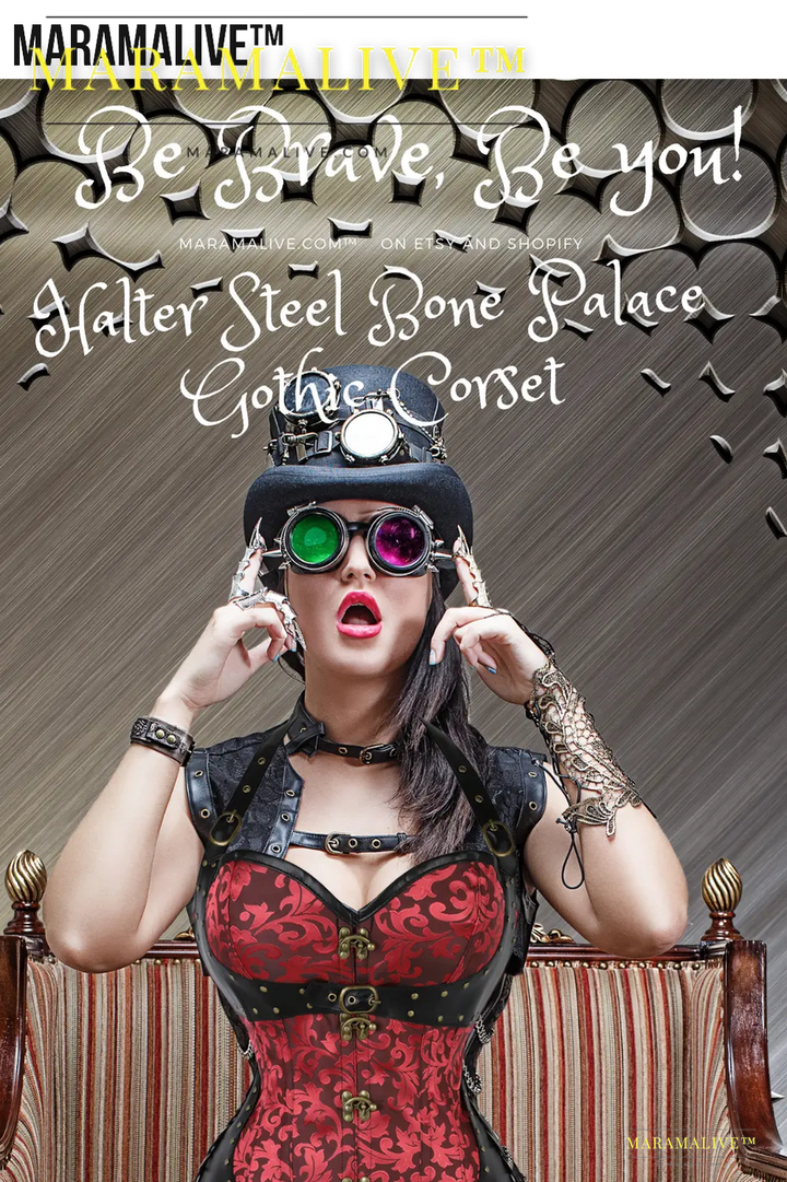 Halter Neck Gothic Corset - Strapped Steampunk Bustier with Metal