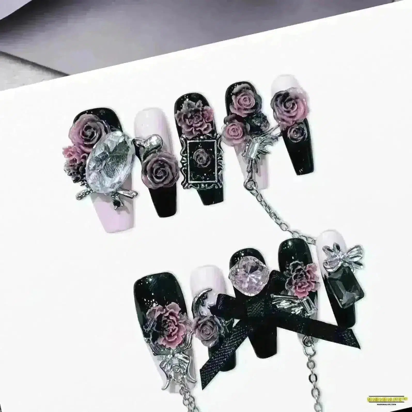 Handmade Gothic Pink & Black French Tips with 3D Rose Design - 10pc Long Ballerina Luxury Press-On Nails