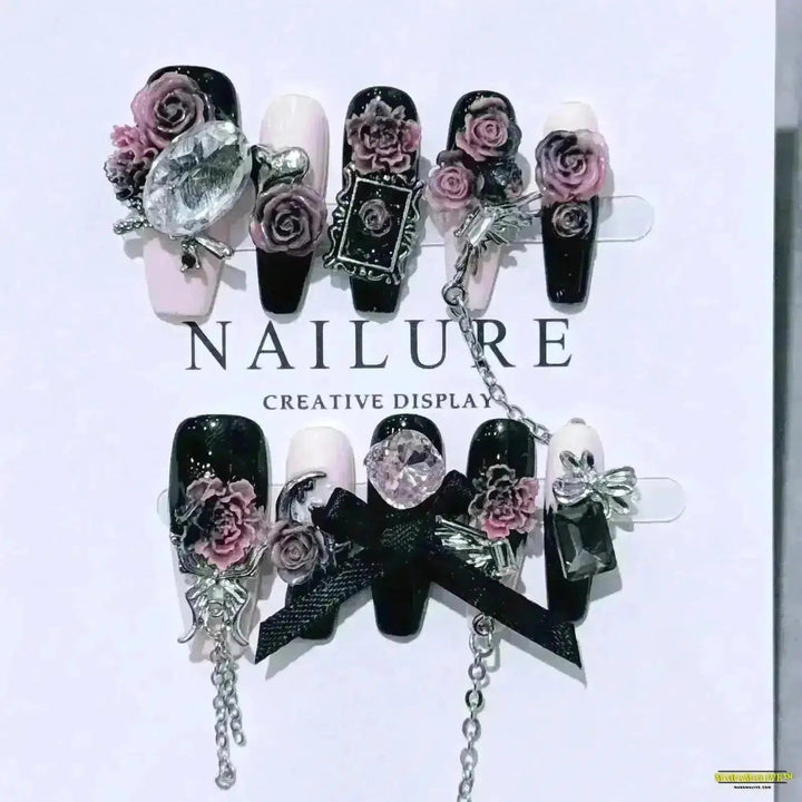 Handmade Gothic Pink & Black French Tips with 3D Rose Design - 10pc Long Ballerina Luxury Press-On Nails