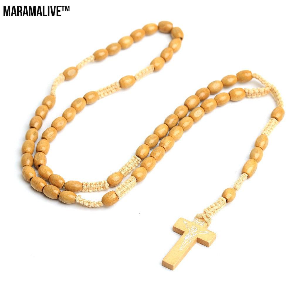 Handmade Natural Wooden Beads Cross Necklace