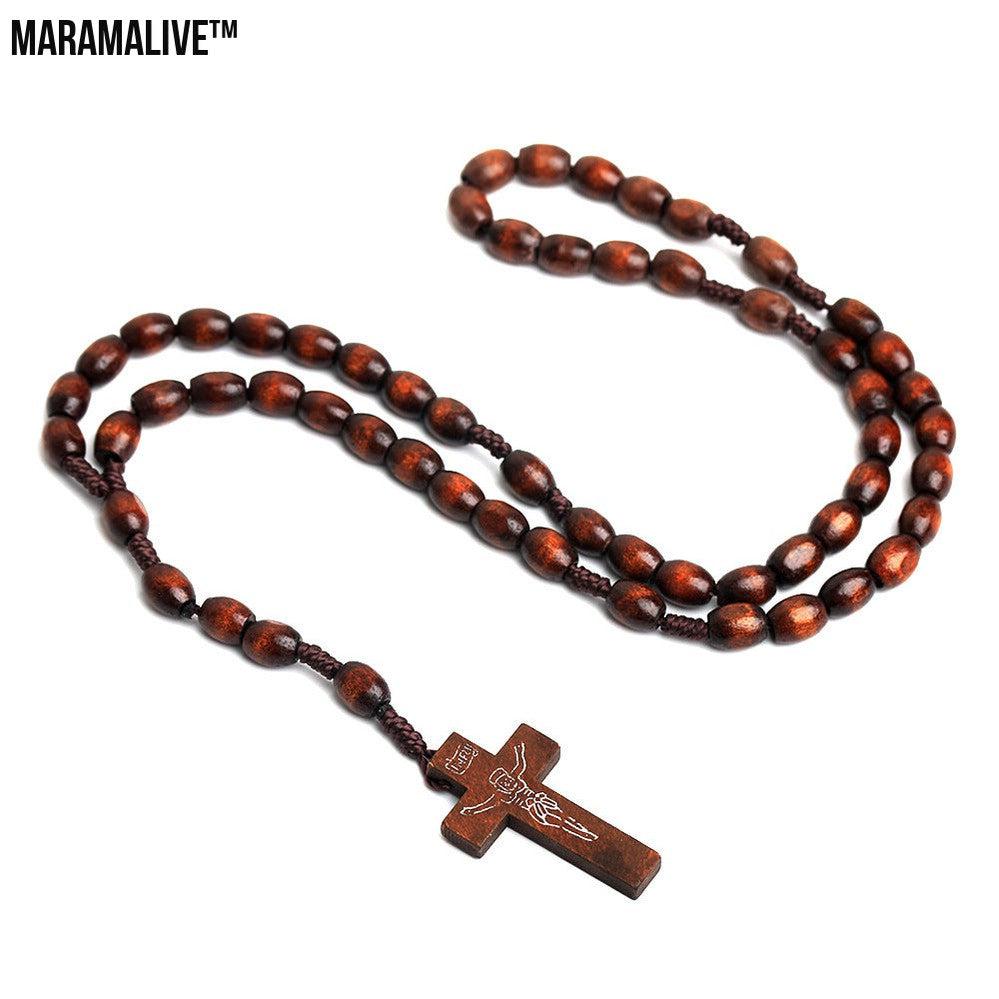 Handmade Natural Wooden Beads Cross Necklace