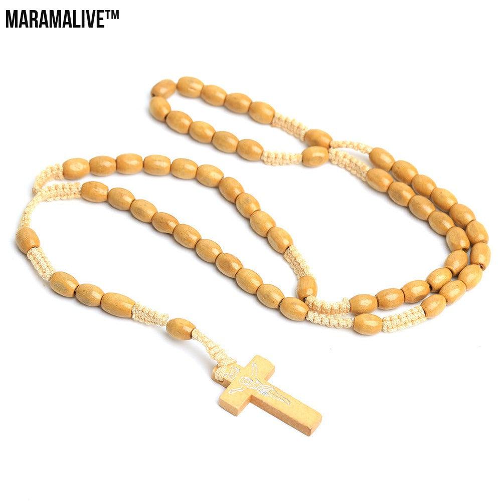 Handmade Natural Wooden Beads Cross Necklace