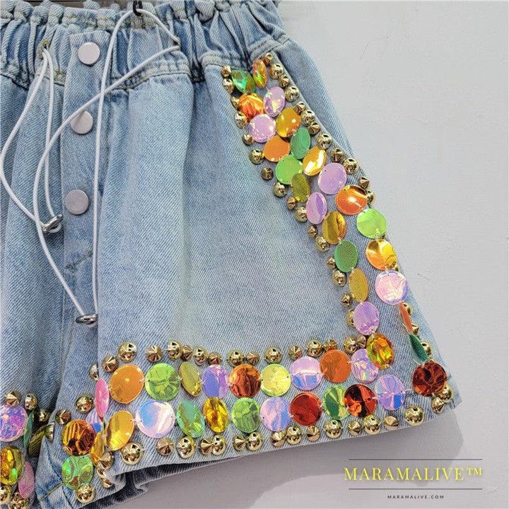 Handmade Studded Colored Diamond High Waisted Shorts