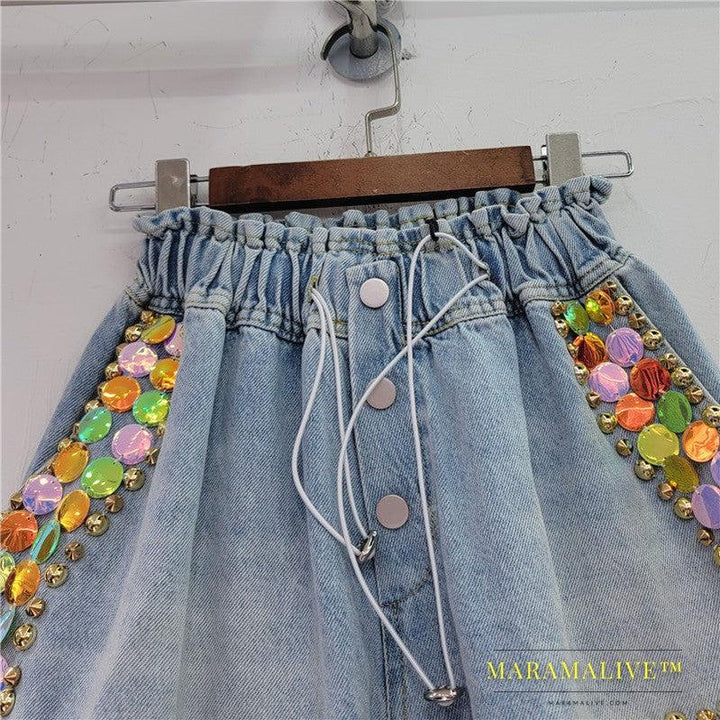 Handmade Studded Colored Diamond High Waisted Shorts