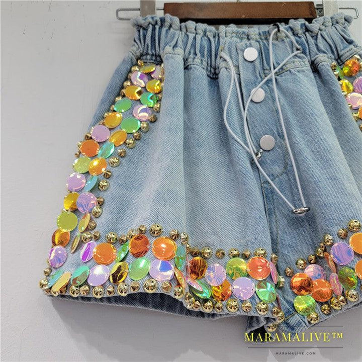 Handmade Studded Colored Diamond High Waisted Shorts