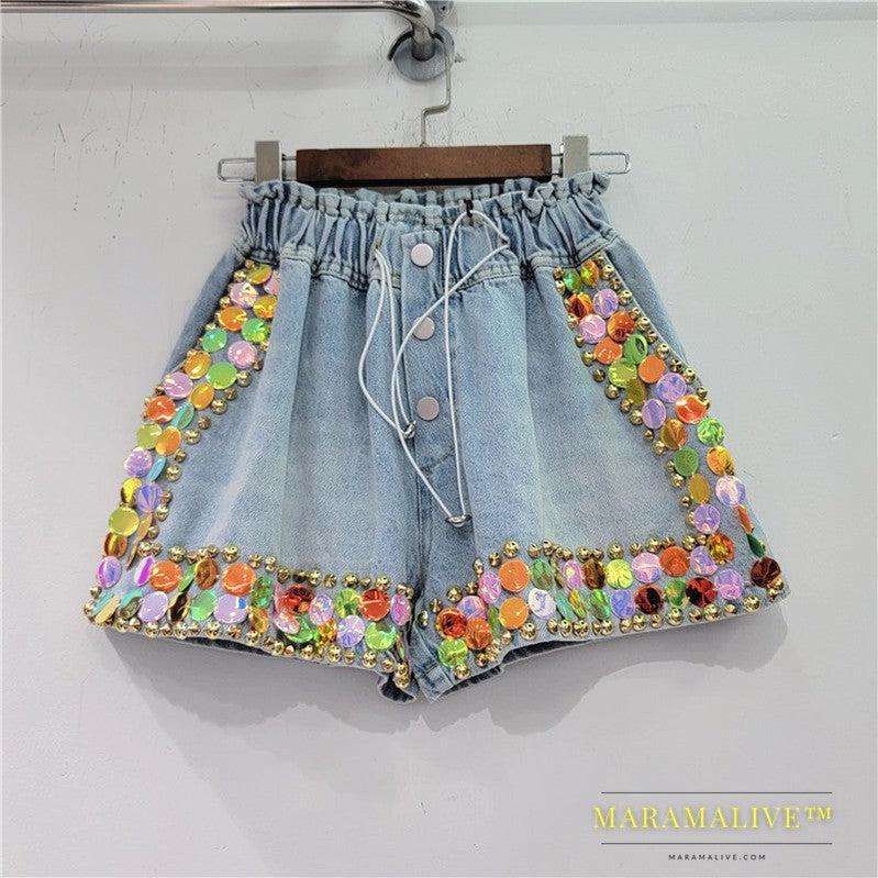 Handmade Studded Colored Diamond High Waisted Shorts