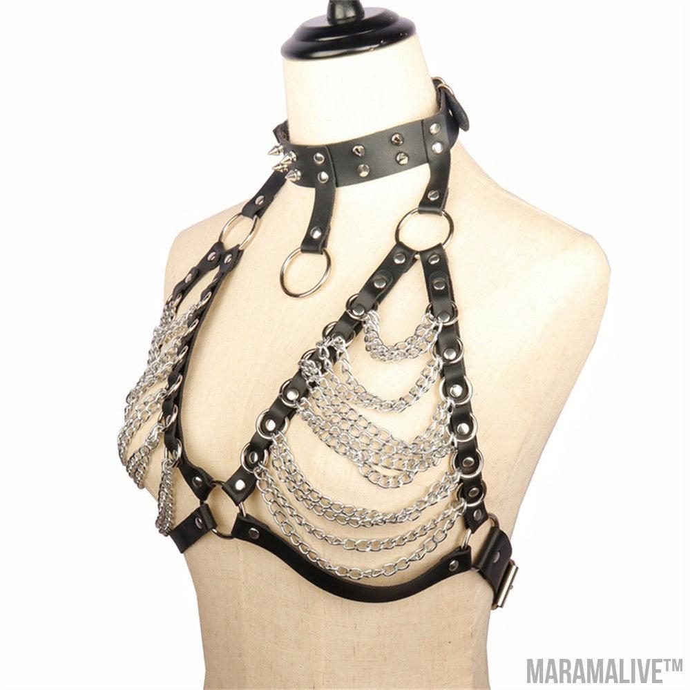 Handsome Lady Studded Punk Collar Belt Nightclub Sexy Metal Chain Strap Punk PU Harness