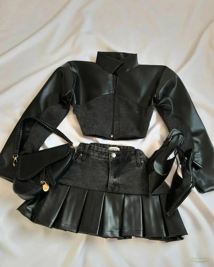 Harajuku Hip-hop Nightclub Sexy Skirt Suit Women Y2k Goth Harajuku Retro Versatile Leather Mini Skirt Fashionable Pleated Skirt