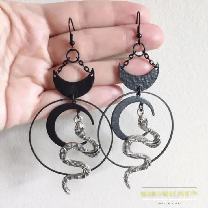 Harvest Ritual Moon Snake Earrings Jewelry Wicca Big Snake Pendant Weird Darkness Women Gift Goth Statement Halloween Grunge