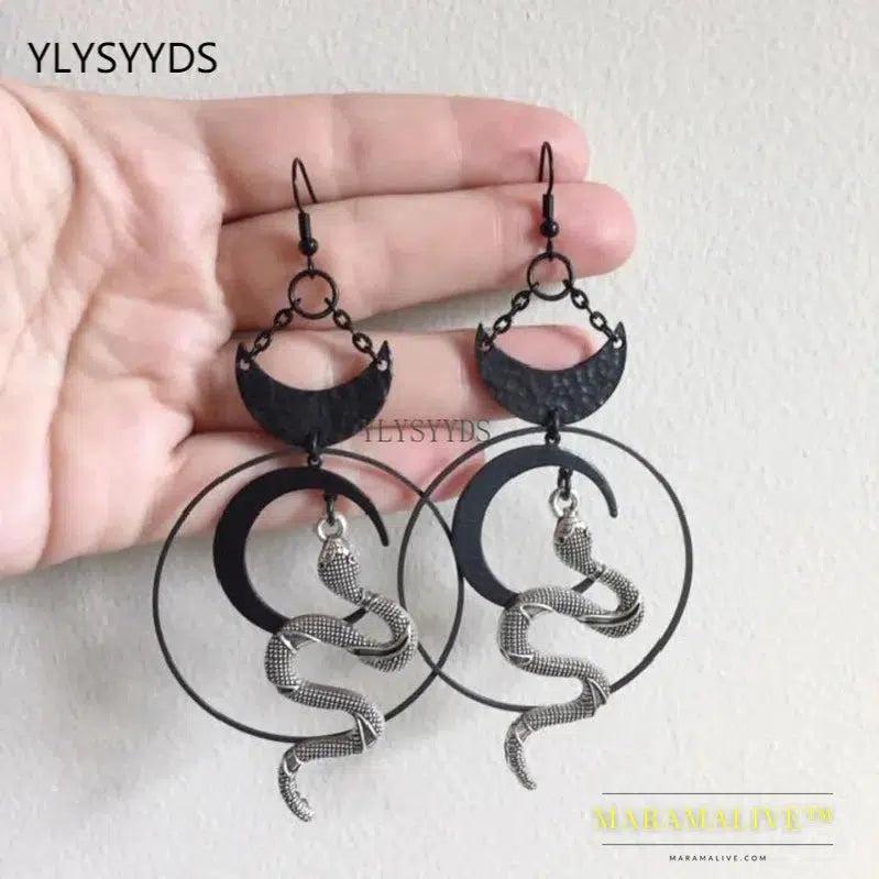 Harvest Ritual Moon Snake Earrings Jewelry Wicca Big Snake Pendant Weird Darkness Women Gift Goth Statement Halloween Grunge