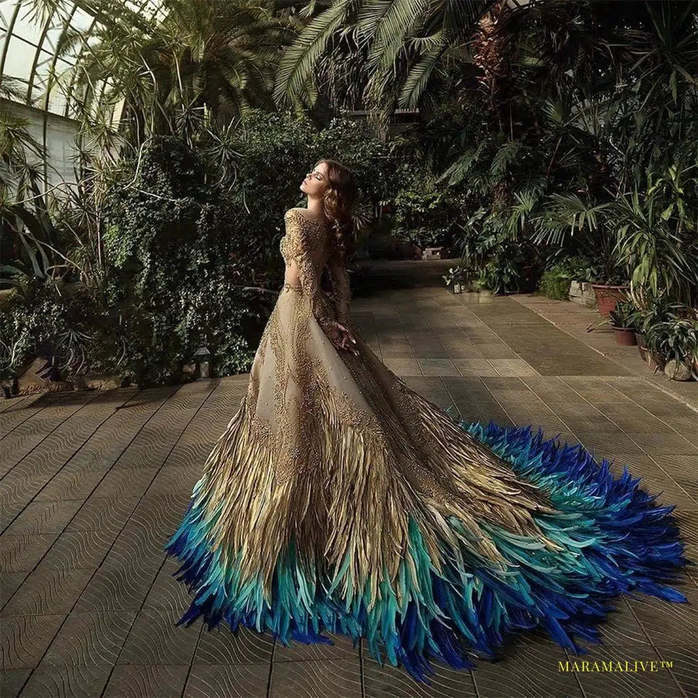 Haute Couture Golden Peacock Prom Dress with Vibrant Blue Hues and Off-the-Shoulder Long Sleeve - Opulent Evening Gown Party Dress with Custom Sizing and Feathers