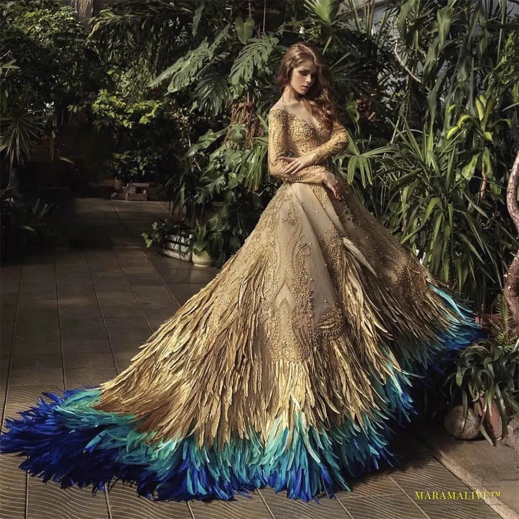 Haute Couture Golden Peacock Prom Dress with Vibrant Blue Hues and Off-the-Shoulder Long Sleeve - Opulent Evening Gown Party Dress with Custom Sizing and Feathers